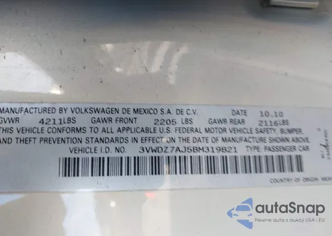 2011 Volkswagen Jetta 2.5L Se из США, поврежденный, VIN 3VWDZ7AJ5BM319821